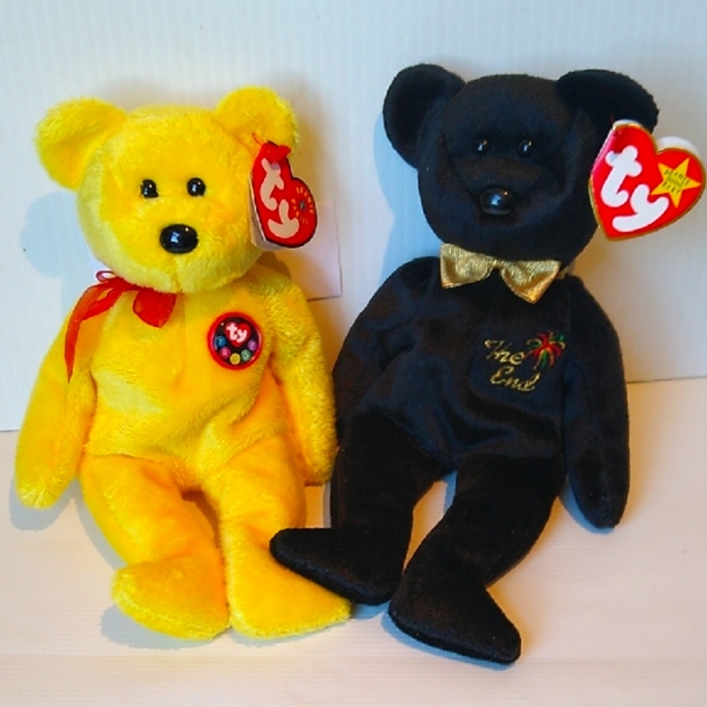 Ty Beanie Babies Tradee Internet eBear & The End Black w Gold Bow Tie Y2K Bundle
